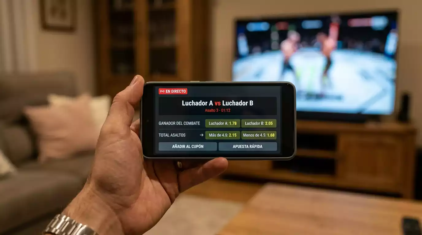 Teléfono móvil mostrando una pantalla de apuestas UFC en directo con cuotas cambiando durante el combate