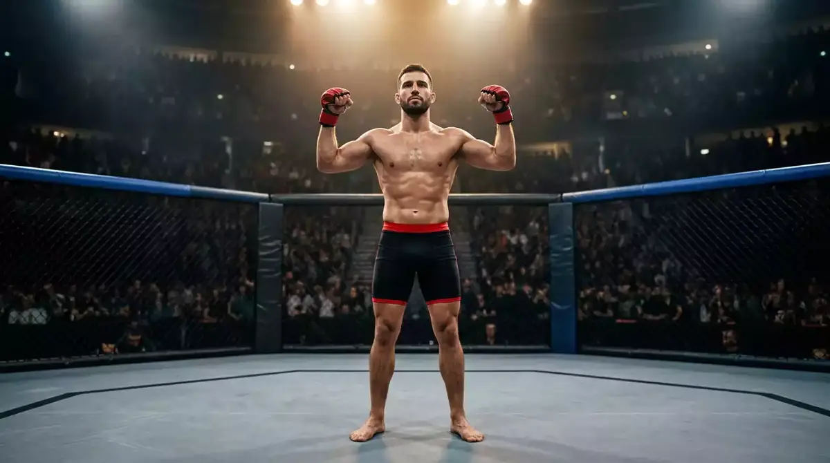 Luchador de MMA con guantes levantados en el centro del octágono antes de un combate de artes marciales mixtas