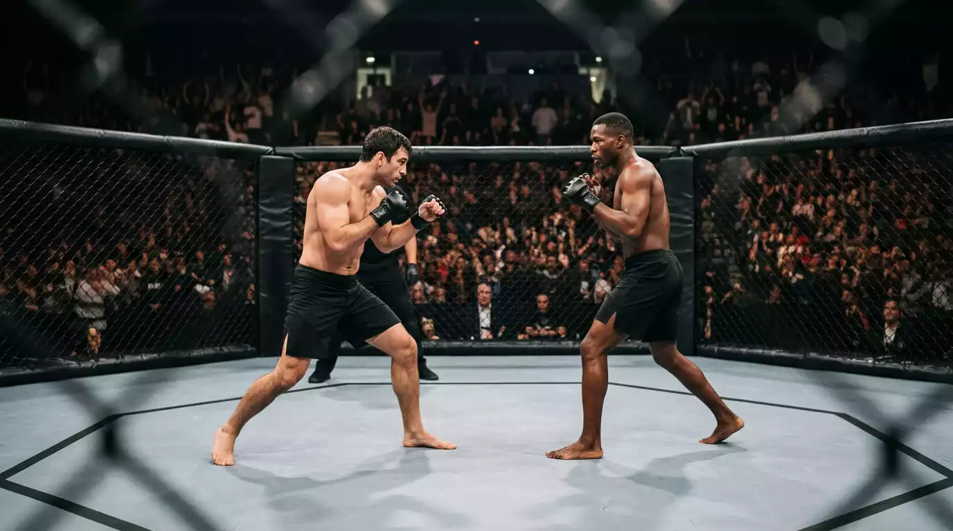 Jaula de MMA de promotora internacional con luchadores al inicio de un combate en un evento fuera de UFC