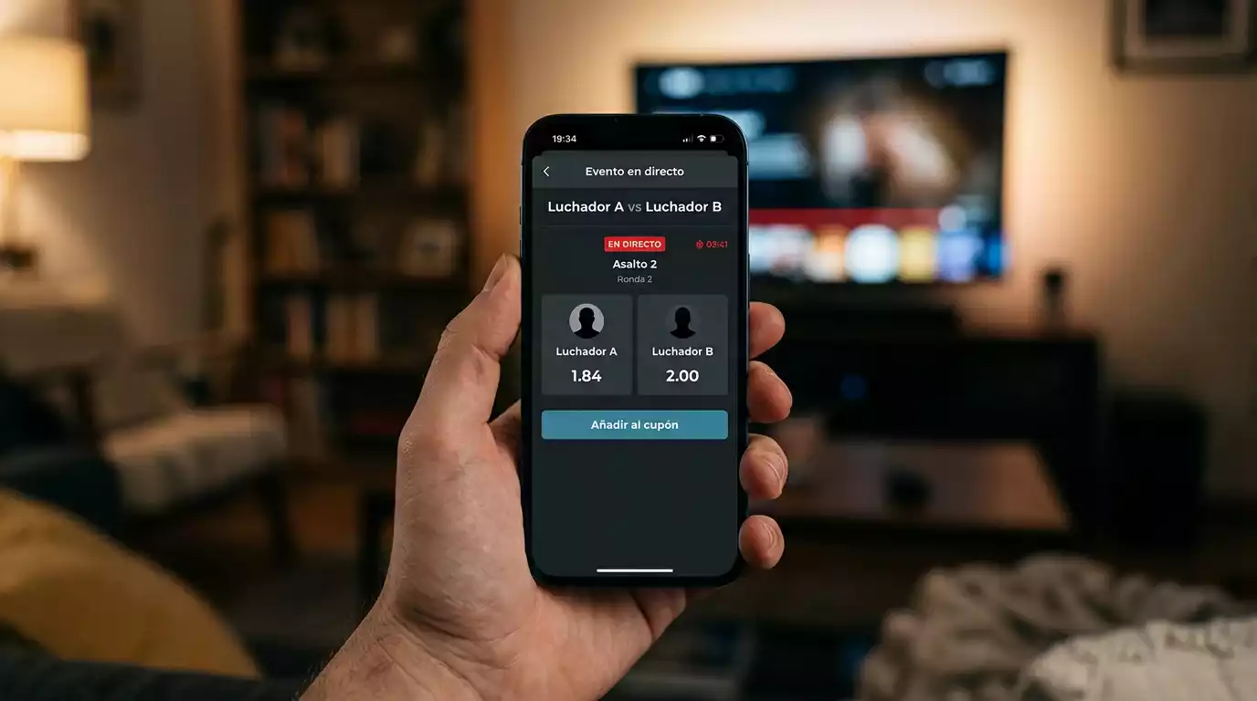 Mano sosteniendo un smartphone con la aplicación de apuestas abierta en un evento UFC en directo