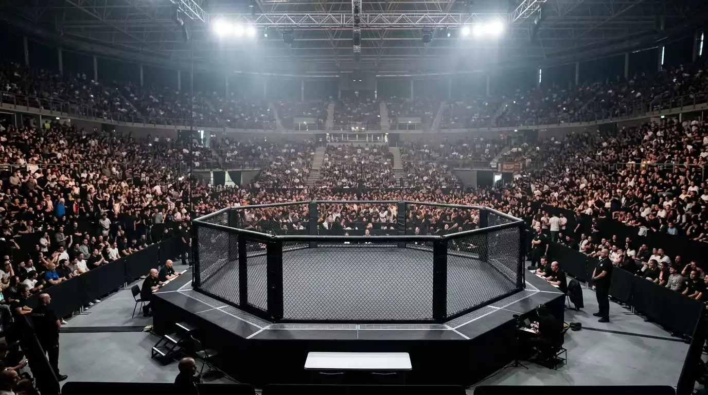 Jaula de MMA montada en un pabellón deportivo español con el aforo ocupado por el público