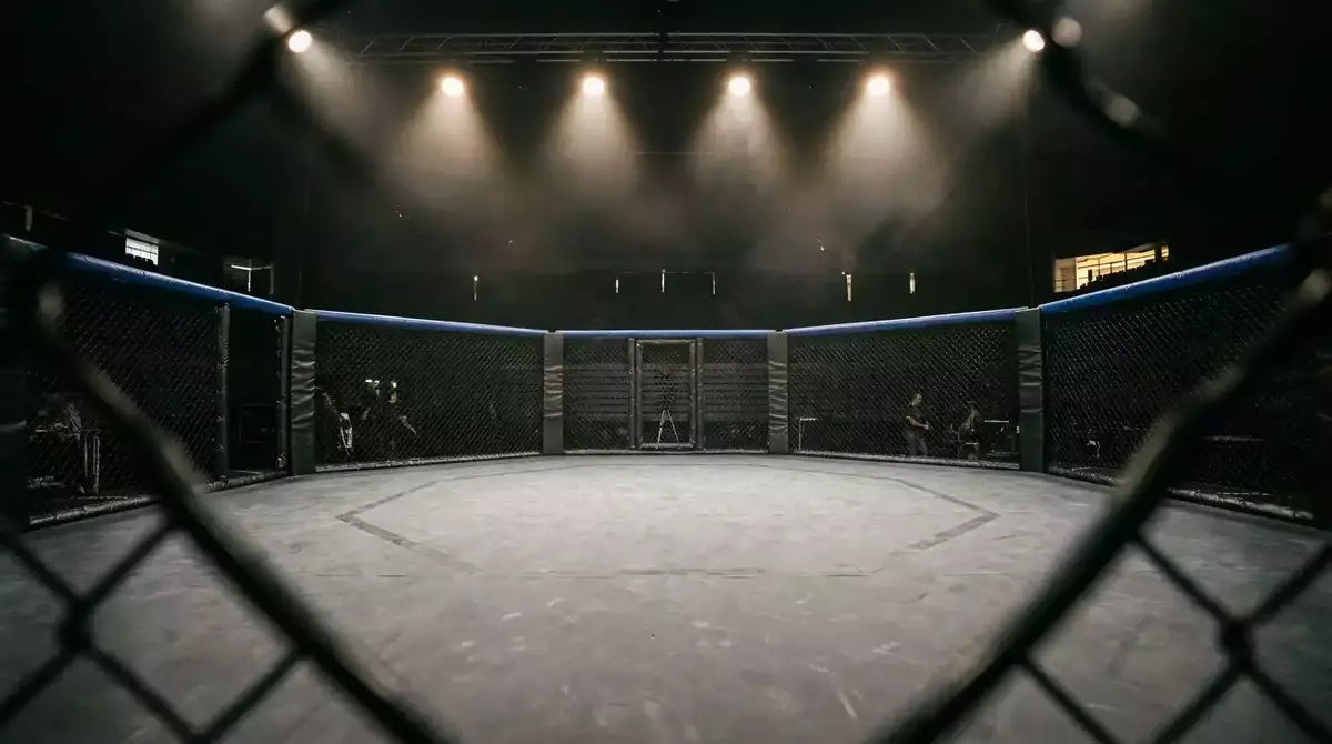 Octágono de MMA iluminado en un pabellón durante un evento de artes marciales mixtas en España