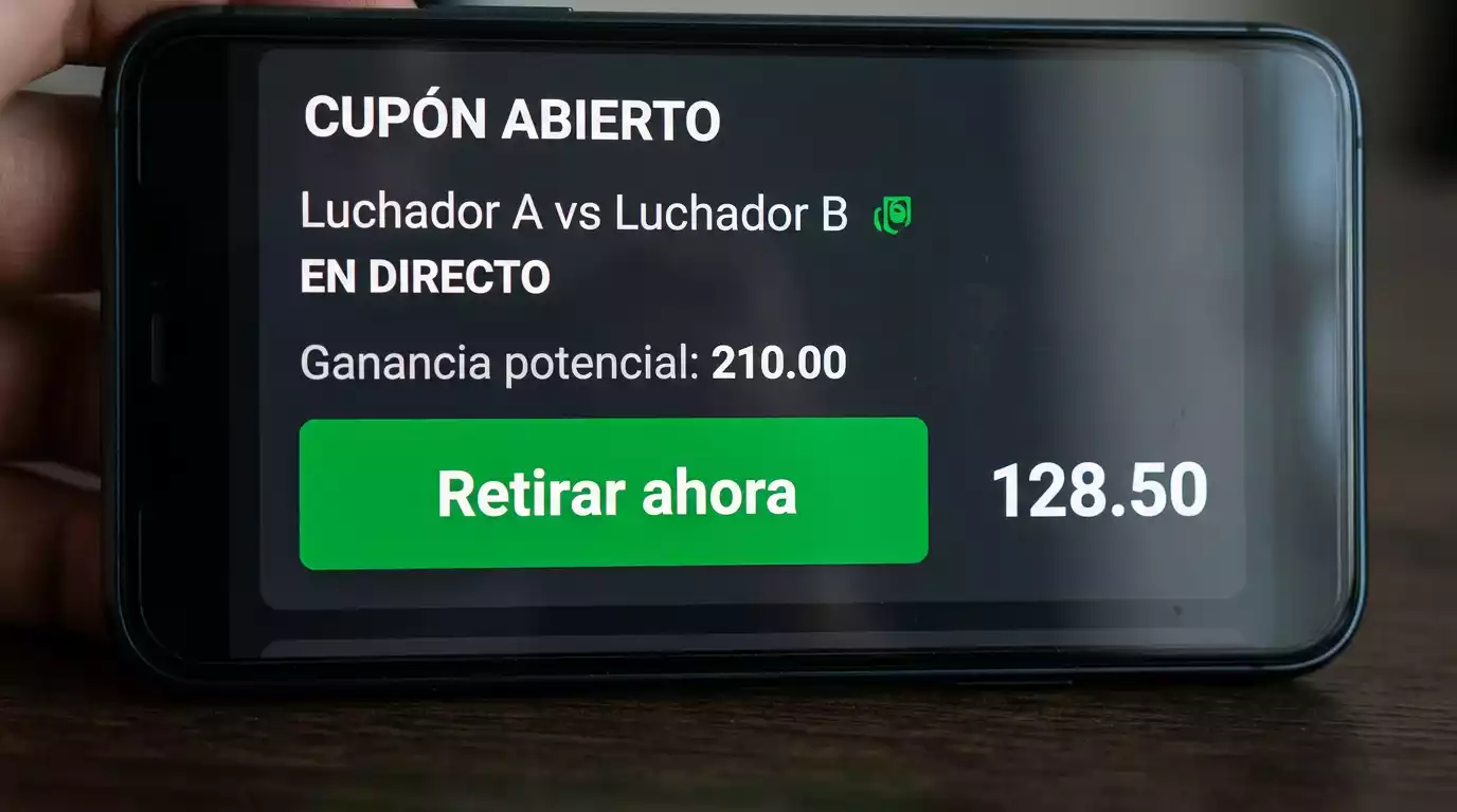 Pantalla de apuestas MMA mostrando el botón de cashout con el importe ofrecido por la casa