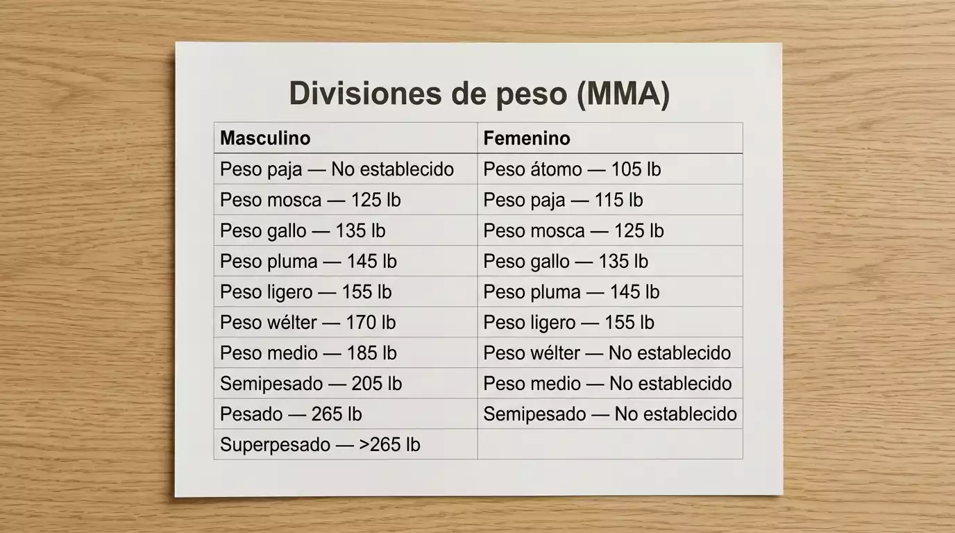 Tabla visual con las 13 divisiones de peso UFC masculinas y femeninas y sus límites en libras