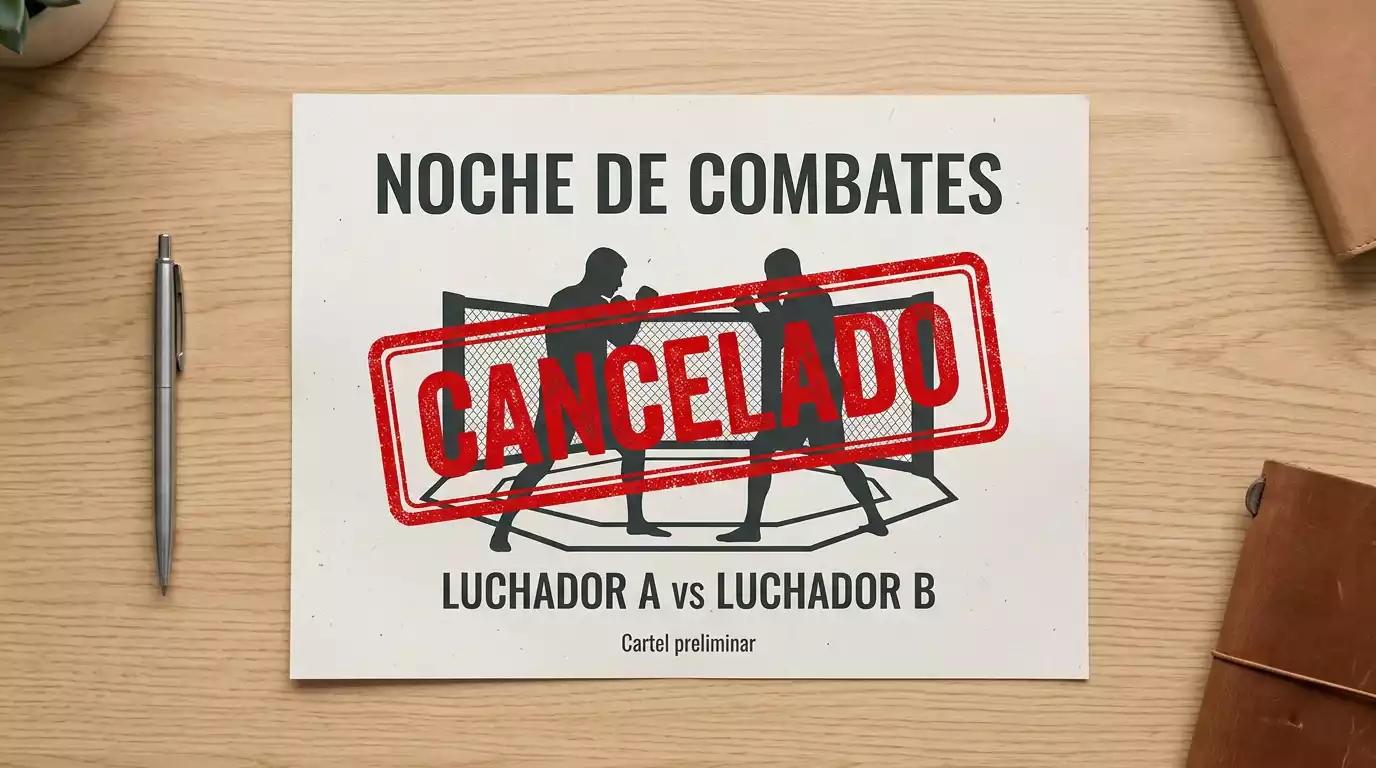 Cartel de combate UFC con una línea diagonal que indica que la pelea ha sido cancelada