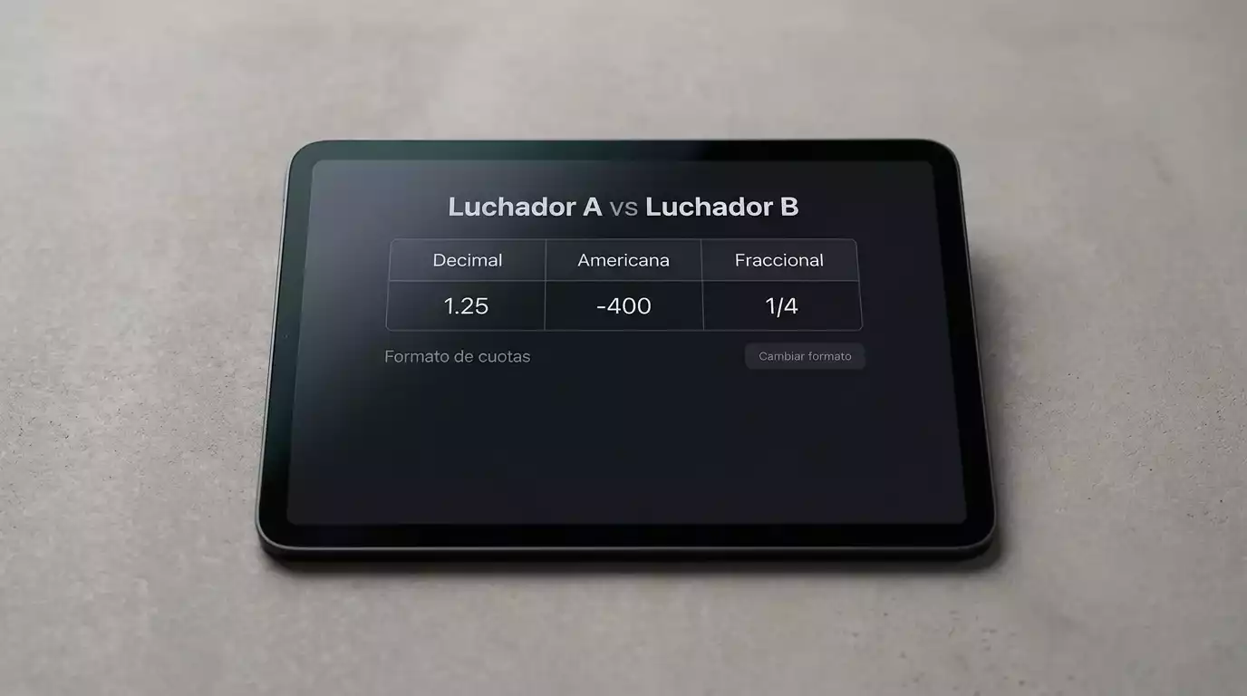 Pantalla mostrando la misma cuota UFC expresada en formato decimal, americano y fraccional