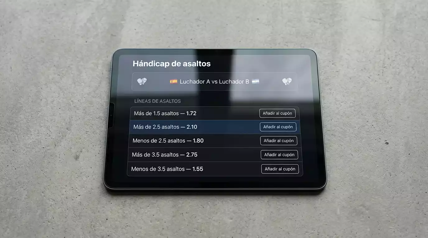 Pantalla de apuestas mostrando líneas alternativas de handicap de asaltos para un combate MMA