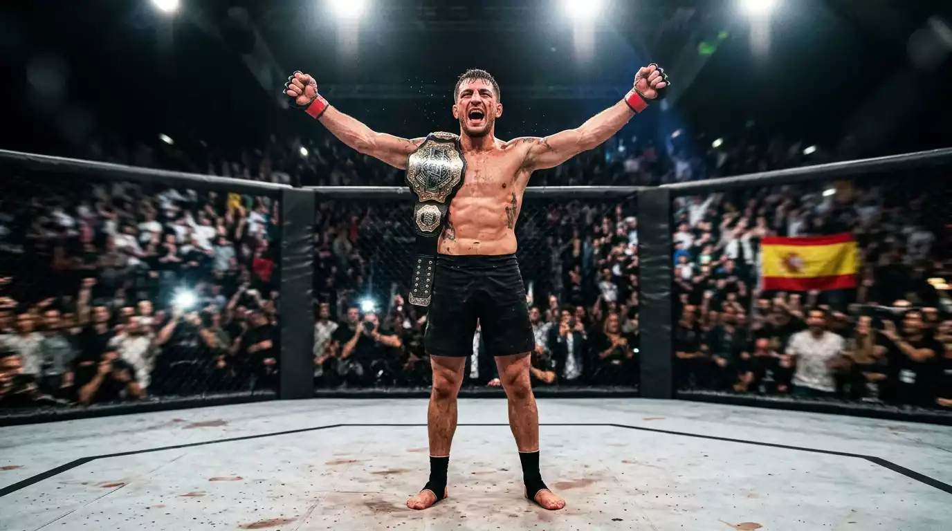 Ilia Topuria celebrando una victoria en el octágono con los brazos en alto vistiendo equipación de UFC