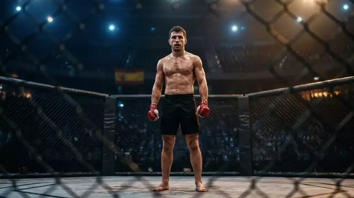 Ilia Topuria en el octágono de UFC con la bandera de España al fondo