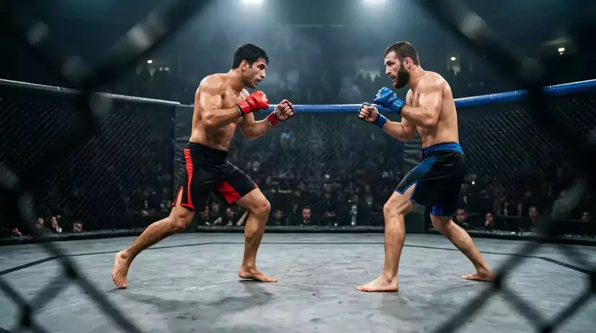 Dos luchadores de MMA enfrentados dentro del octágono bajo focos cenitales durante un combate de artes marciales mixtas