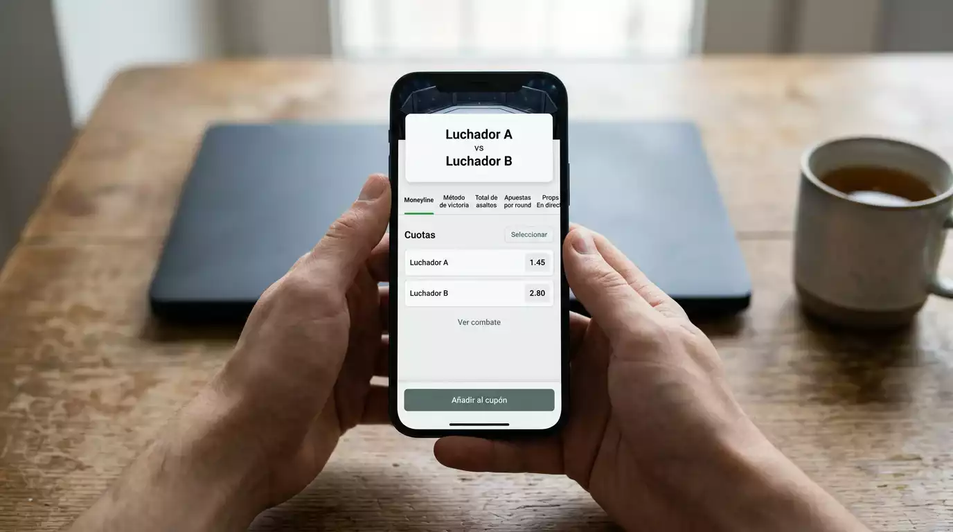 Pantalla de aplicación de apuestas deportivas mostrando mercados de un combate UFC con moneyline y método de victoria