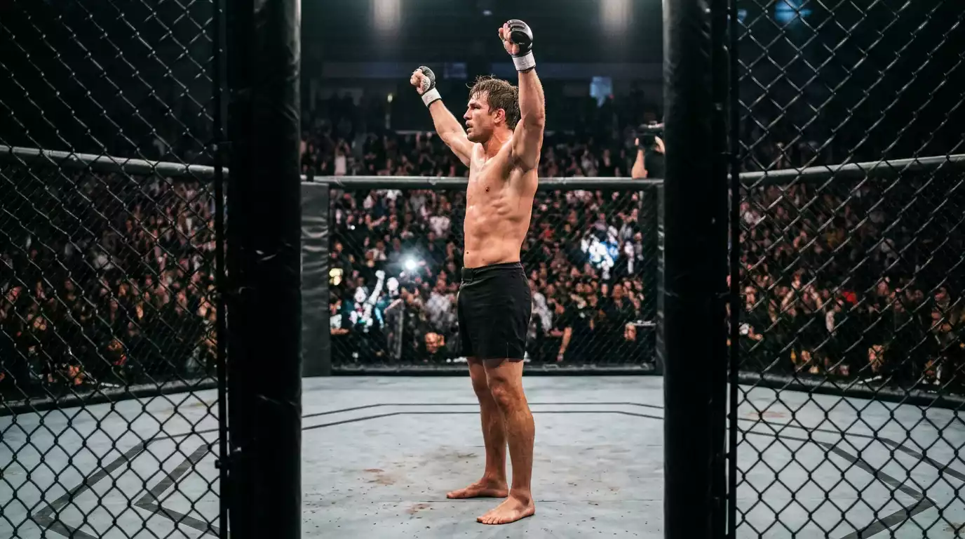 Luchador de MMA alzando el brazo dentro del octágono tras finalizar el combate por KO
