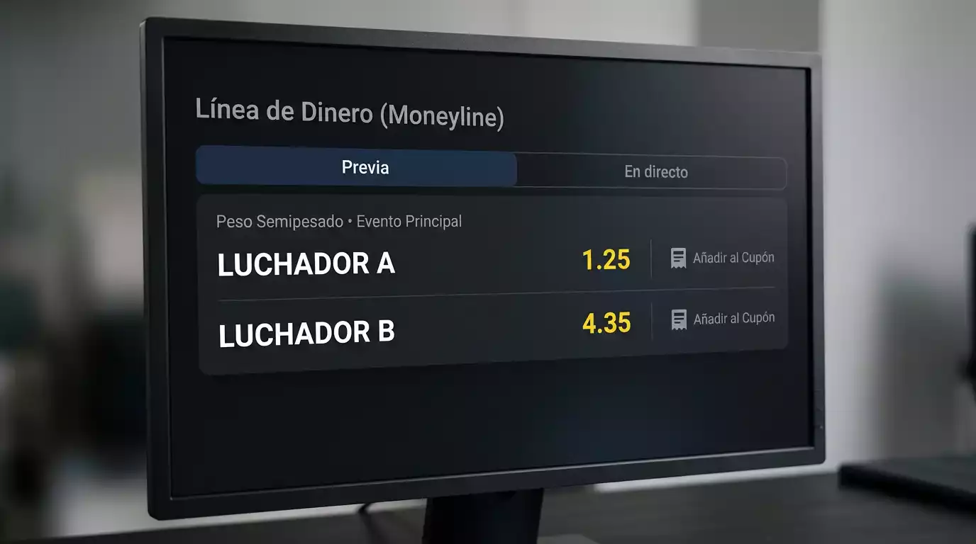 Pantalla de apuestas deportivas mostrando cuotas moneyline de un combate UFC en formato decimal