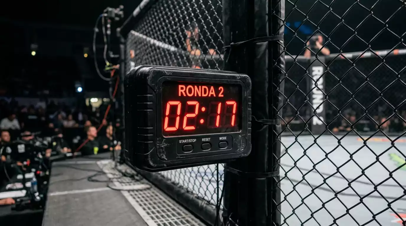 Reloj de combate MMA sobre la jaula marcando el tiempo restante del asalto durante una pelea