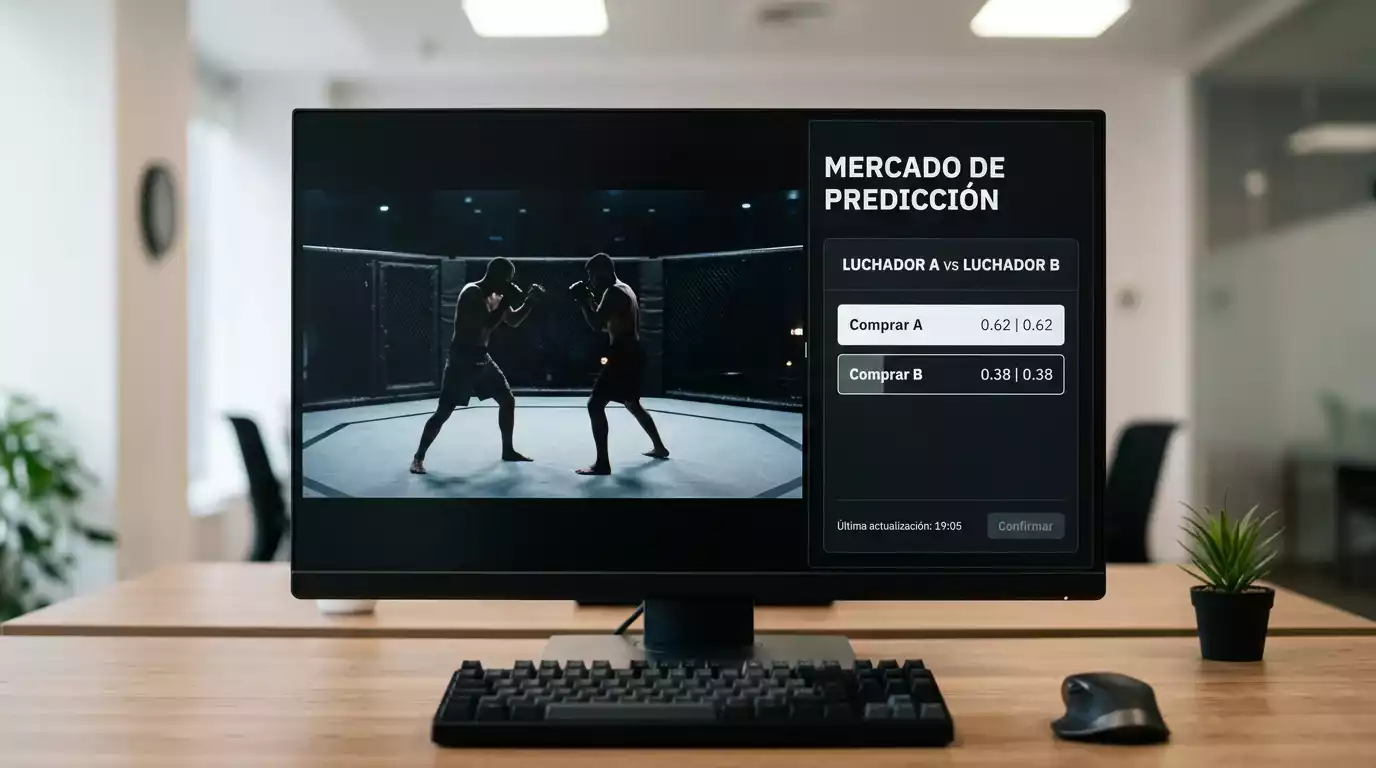 Pantalla dividida con una retransmisión MMA en un lado y una interfaz de mercado de predicción en el otro