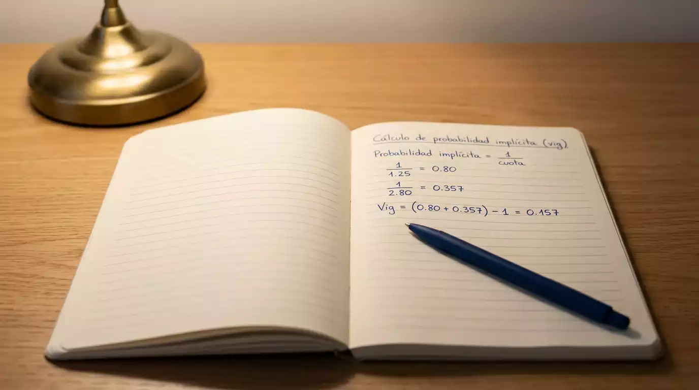 Cuaderno con cálculos manuales de probabilidad implícita a partir de cuotas decimales UFC