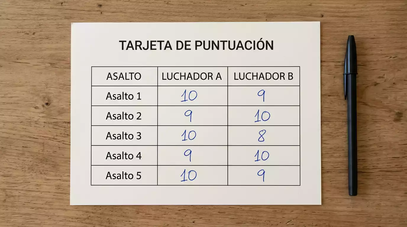 Tarjeta de puntuación de un juez MMA mostrando asaltos numerados con puntuaciones 10-9 y 10-8