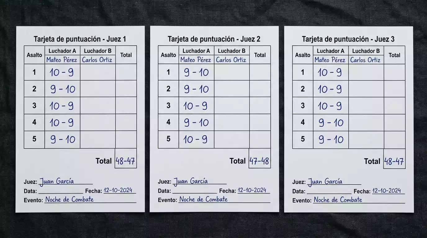 Tres tarjetas de puntuación MMA con resultados contrapuestos ilustrando una decisión dividida