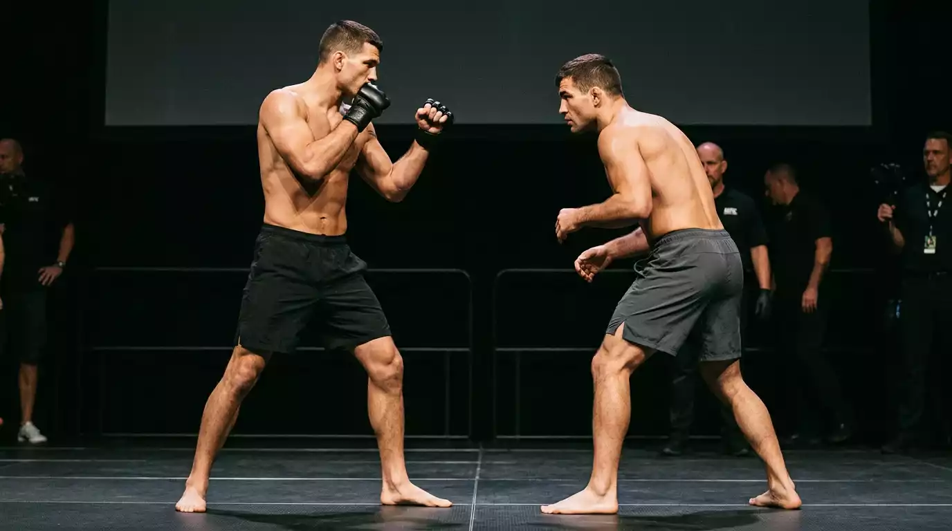 Dos luchadores MMA enfrentados en postura de combate sobre el tatami durante un pesaje