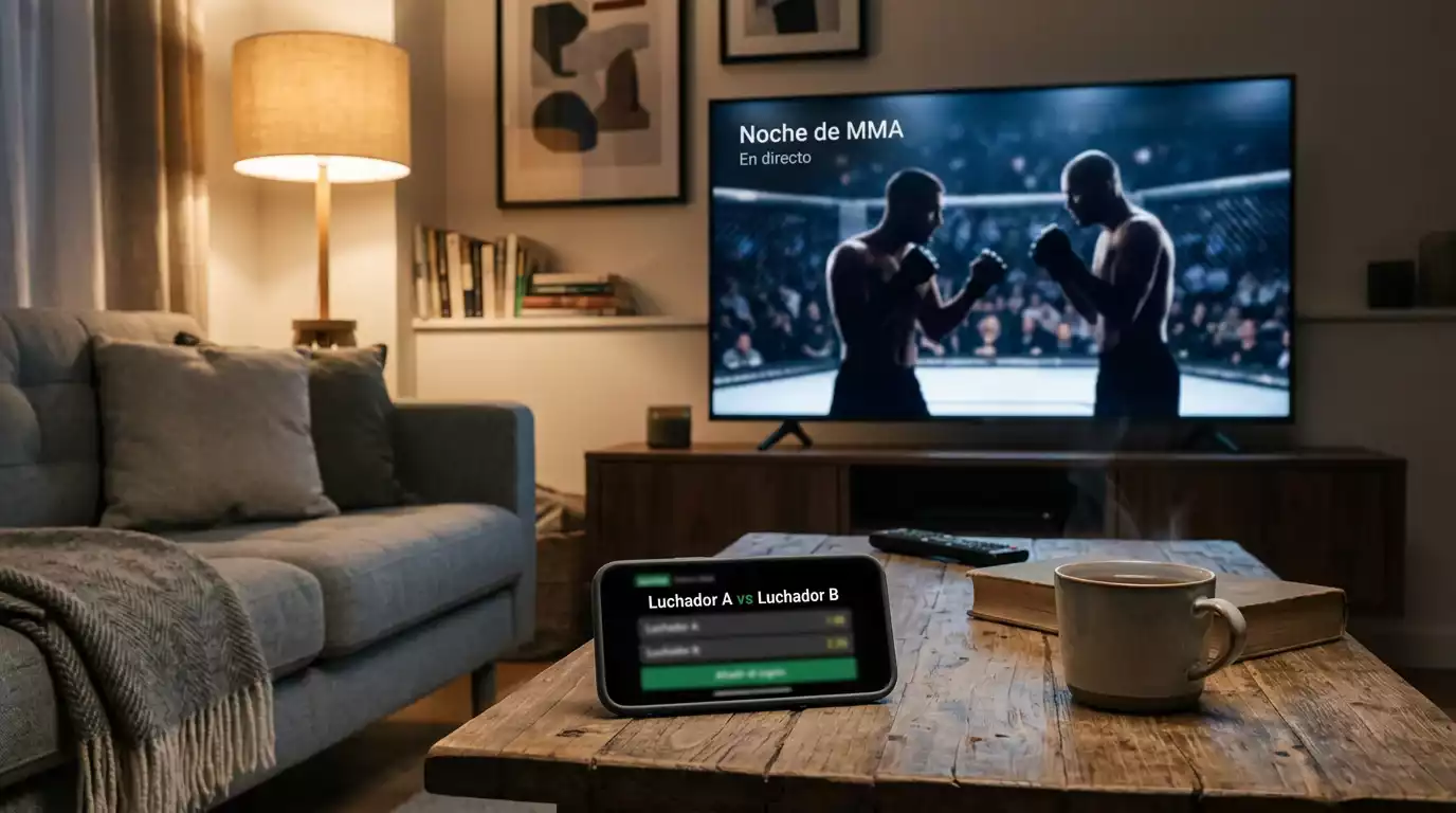 Salón con televisión emitiendo una cartelera UFC junto a un smartphone abierto con cuotas del evento