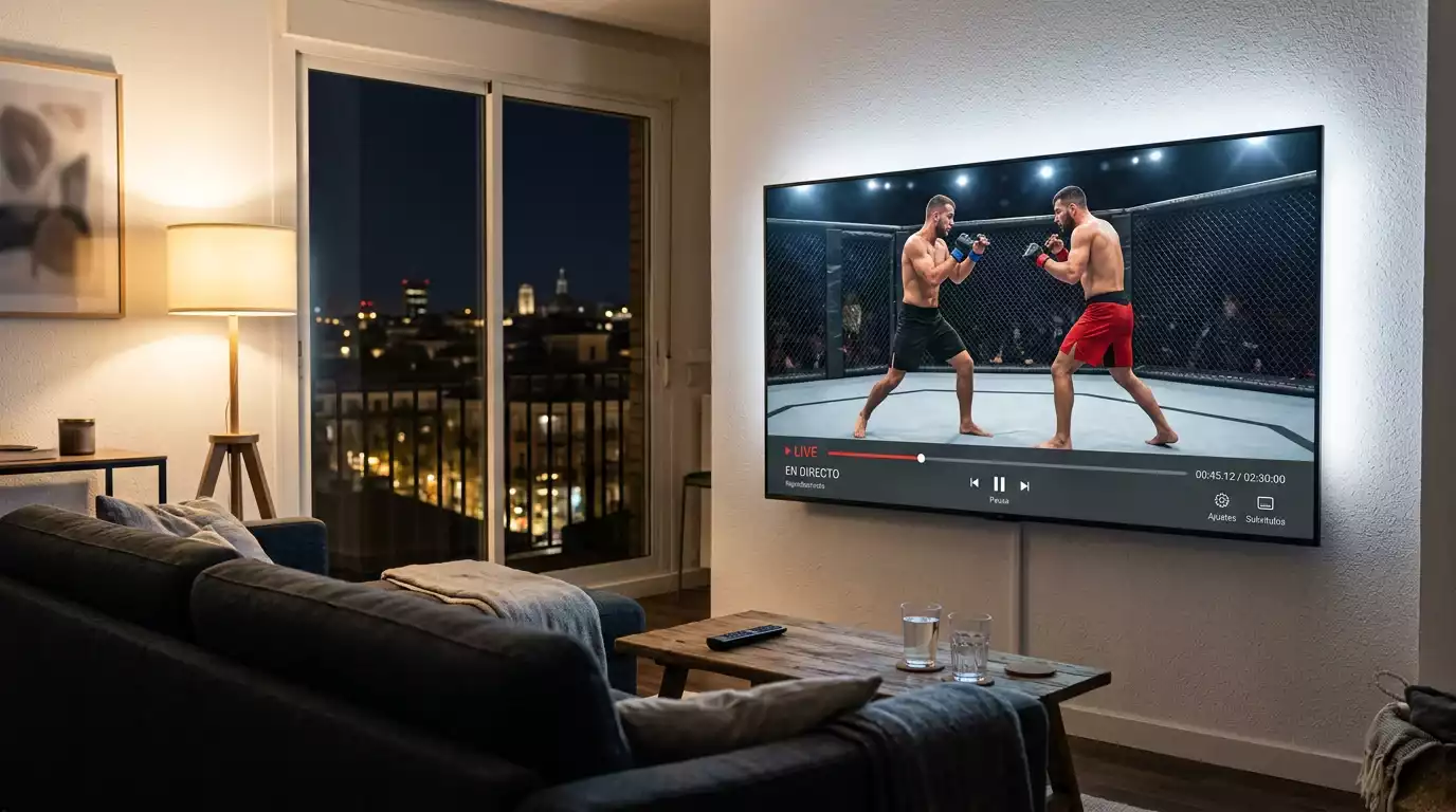 Pantalla de televisión mostrando una retransmisión de UFC en servicio de streaming en un salón español